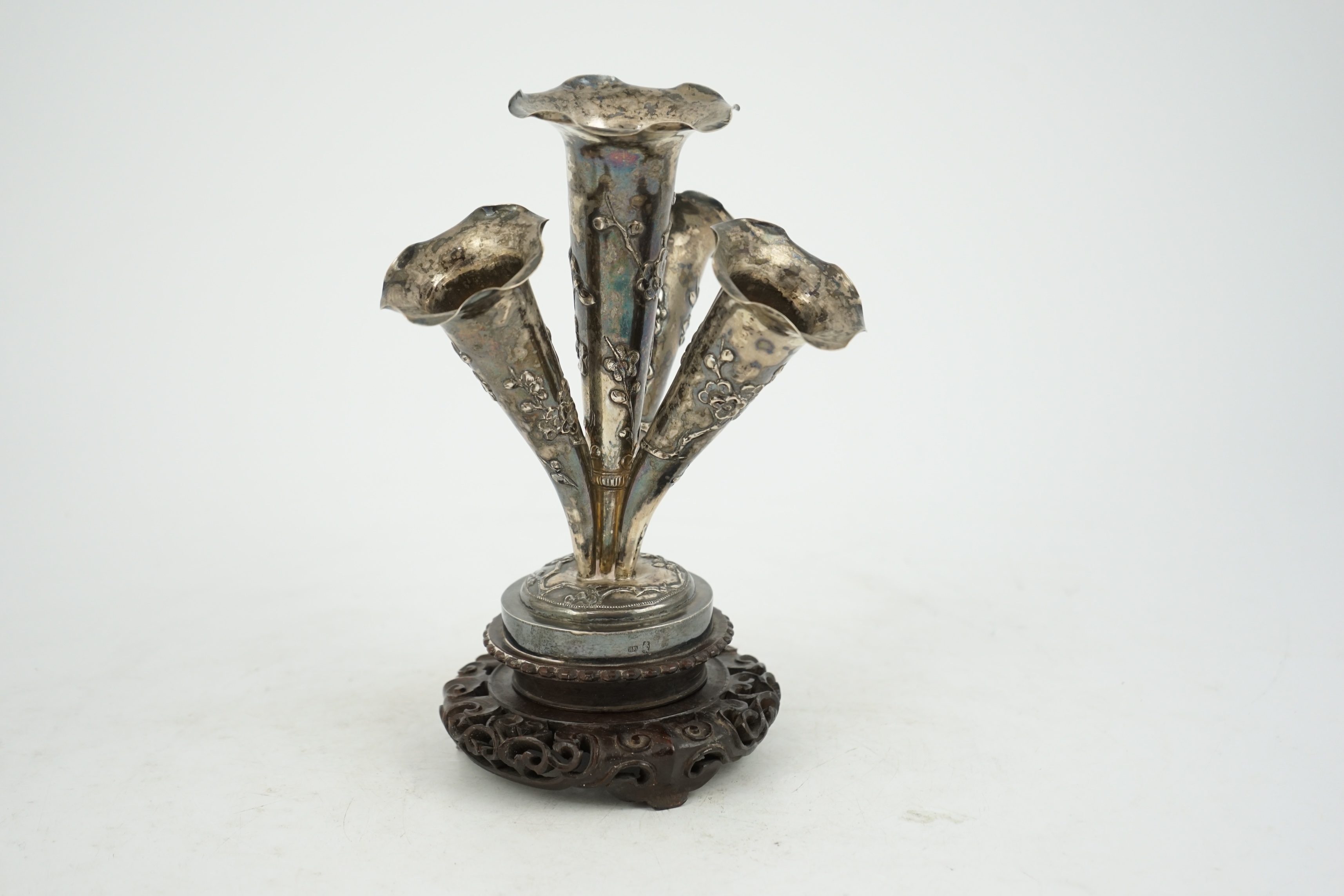 A Chinese export silver quadruple trumpet vase centrepiece, c.1900-1910